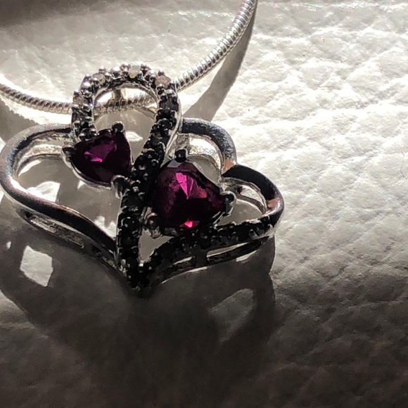 Ruby & Diamond Double-Hearts Necklace, Sterling Silver w/ 24-inch Sterling Chain - Picture 3 of 12